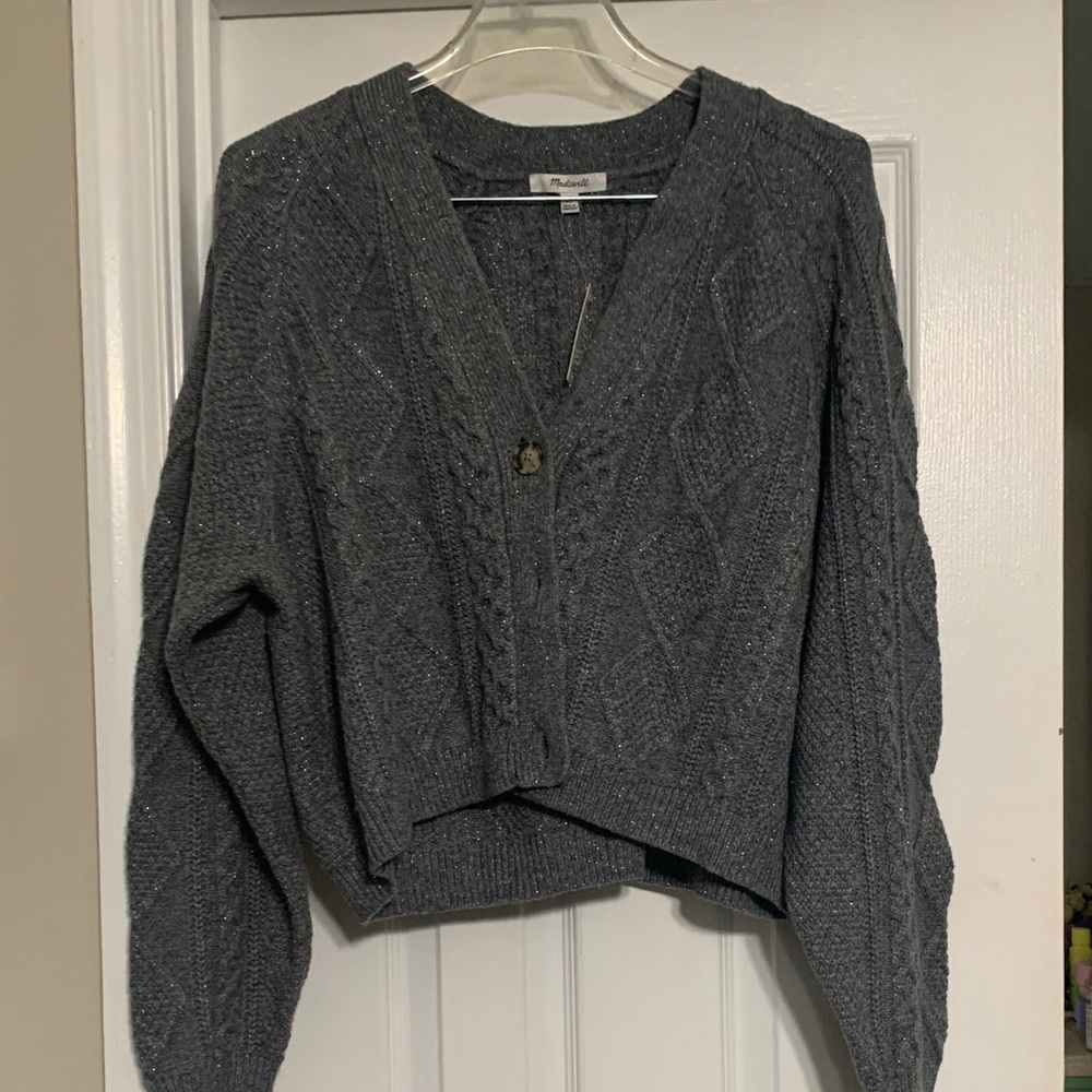 Madewell Charcoal Cable-Knit V-Neck Cropped Cardigan